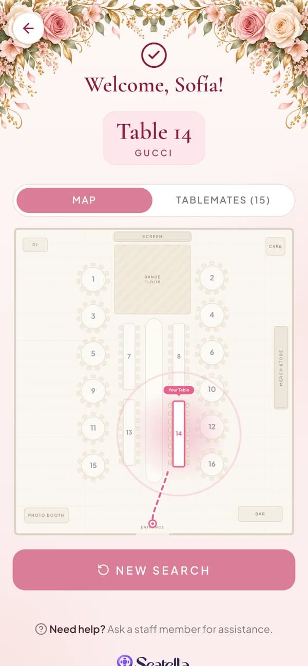 A guest’s result on the phone: Welcome, Sofía! Table 14, highlighted on a map of the hall with the path from the entrance
