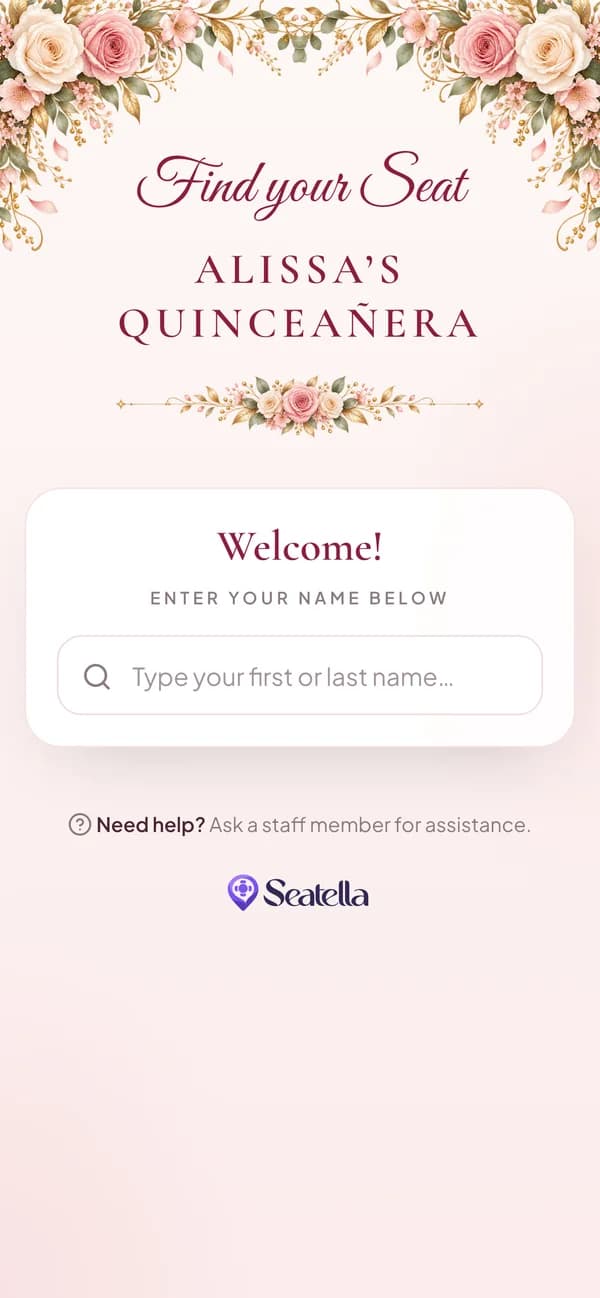 Alissa’s guest page on a phone: Find your Seat, Alissa’s Quinceañera, and a box to type your name