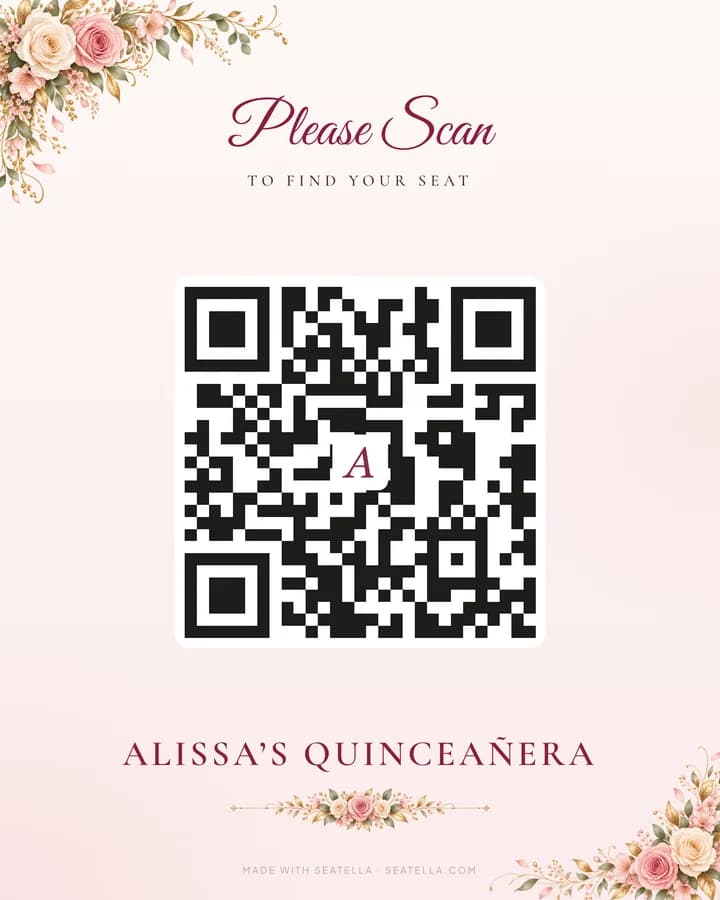 Alissa’s printed QR code sign: Please Scan to find your seat, in her rose-and-blush design